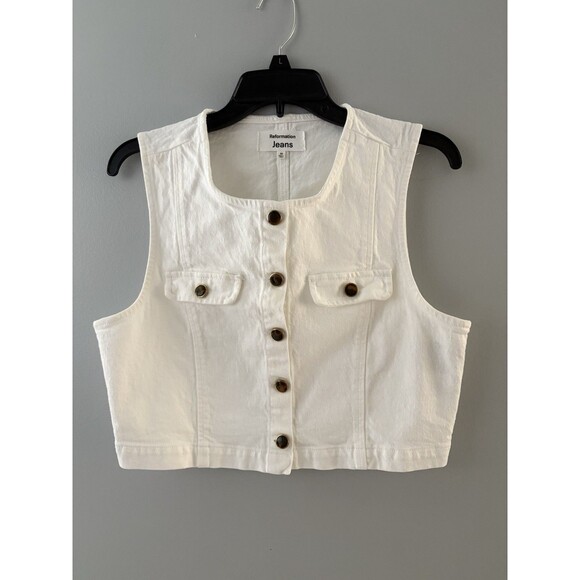 Reformation Jeans Vest Womens Size 10 White Cher Denim Button Up Vest Festival - Picture 1 of 16